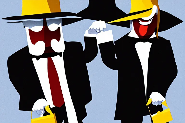 Image similar to poster matte shaded illustration of donald trump and donald trump wearing trench coats and big floppy black spy hats carrying boxes, starring in spy vs spy