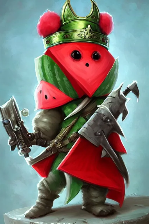 Prompt: cute anthropomorphic watermelon knight wearing a cape and a crown and holding a sniper, tiny, small, miniature bear, baby animal, short, pale blue armor, cute and adorable, pretty, beautiful, DnD character art portrait, matte fantasy painting, DeviantArt Artstation, by Jason Felix by Steve Argyle by Tyler Jacobson by Peter Mohrbacher, cinematic lighting