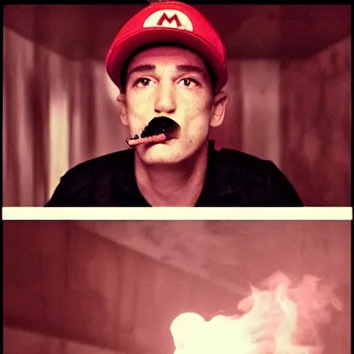 Image similar to Mario smoking a cigarette in a spooky David Lynch film aesthetic!!!