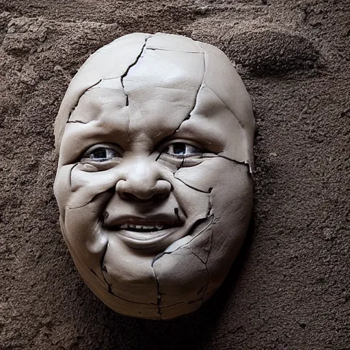 Image similar to a pile of extremely wet and barely moldable clay has been squished into the form of a human face, the artist is squishing his work in his hands, and the clay is looking hilarious like a face being squished