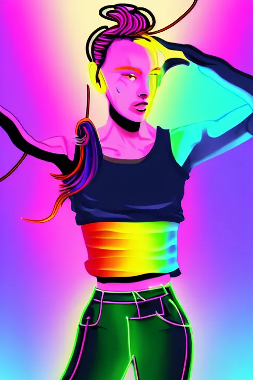 Image similar to a award winning half body portrait of a beautiful woman with stunning eyes in a croptop and cargo pants with rainbow colored ombre hairstyle head in motion and hair flying by thomas danthony, outlined by whirling illuminated neon lines, microphone, outrun, vaporware, shaded flat illustration, digital art, trending on artstation, highly detailed, fine detail, intricate