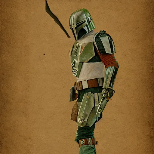 Prompt: the mandalorian concept art old damaged paper texture