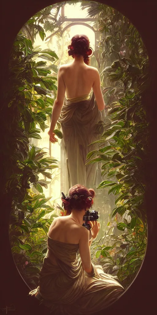 Image similar to hyper realistic photographer looking through a vintage medium format camera, design on white background, beautiful details, lush foliage cyberpunk, gold, drawn by john singer sargent, tom bagshaw, norman rockwell, alphonso mucha, lolish, trending on artstation