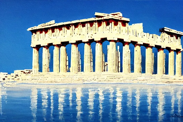 Prompt: a beautiful painting of there is a mysterious parthenon on the blue sea, full of holy white flowers by makoto shinkai