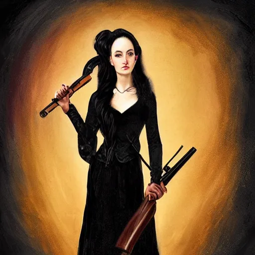 Image similar to a beautiful young woman, pale skin, black long hair, aristocrat, black expensive dress from 1 8 6 0, holding a rifle, illuminated by campfire, oil painting, digital art, studio photo, realistic, artstation, high quality, wild west