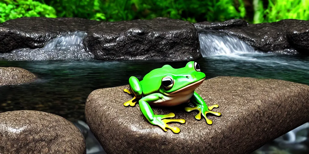 Image similar to A frog sitting on a glistening creek rock, flowing clear water creek bed, photorealistic 3D artwork.