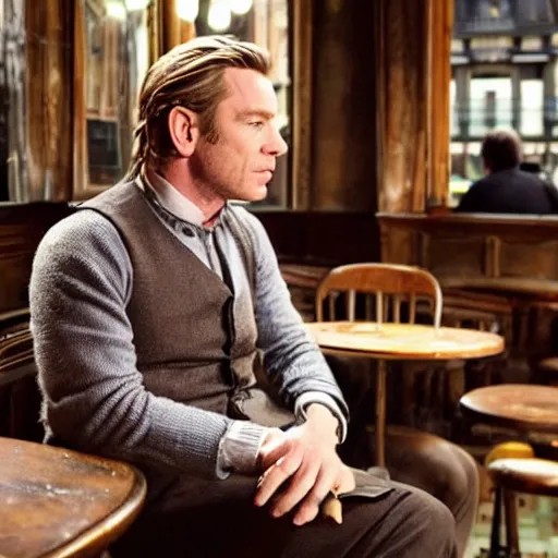 Prompt: ewan mcgregor talking to his brown cat in early 2 0 th century cafe in paris.