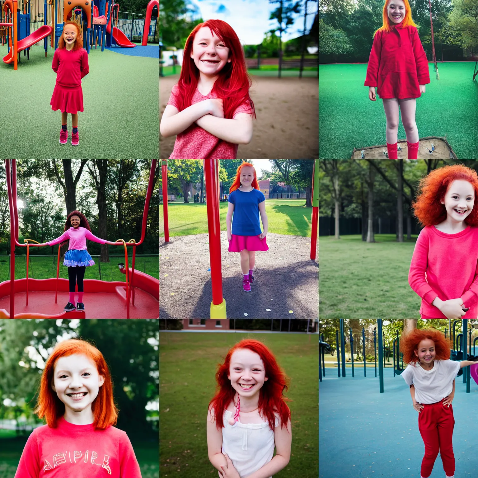 Prompt: a photograph of a happy ten year old girl standing alone in a playground, red hair, smiling