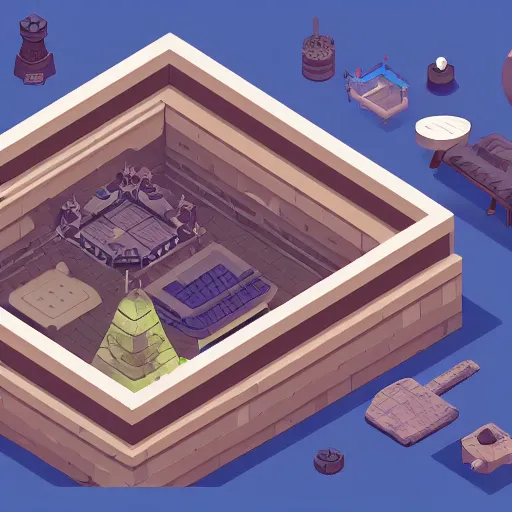 Image similar to A high detailed isometric vector art presenting an aerial view of a RPG room by Bastion, Transistor, pyre, hades, Patreon content, containing tables and walls, HD, straight lines, vector, grid, dnd map, map patreon, fantasy maps, foundry vtt, fantasy grounds, aerial view ,dungeondraft , tabletop, inkarnate, dugeondraft, roll20