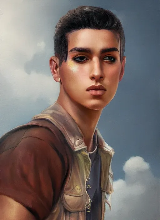 Image similar to magic realism portrait of a handsome young latino gang member in el paso, art by manuel sanjulian and tom bagshaw, hyperrealism, artstation