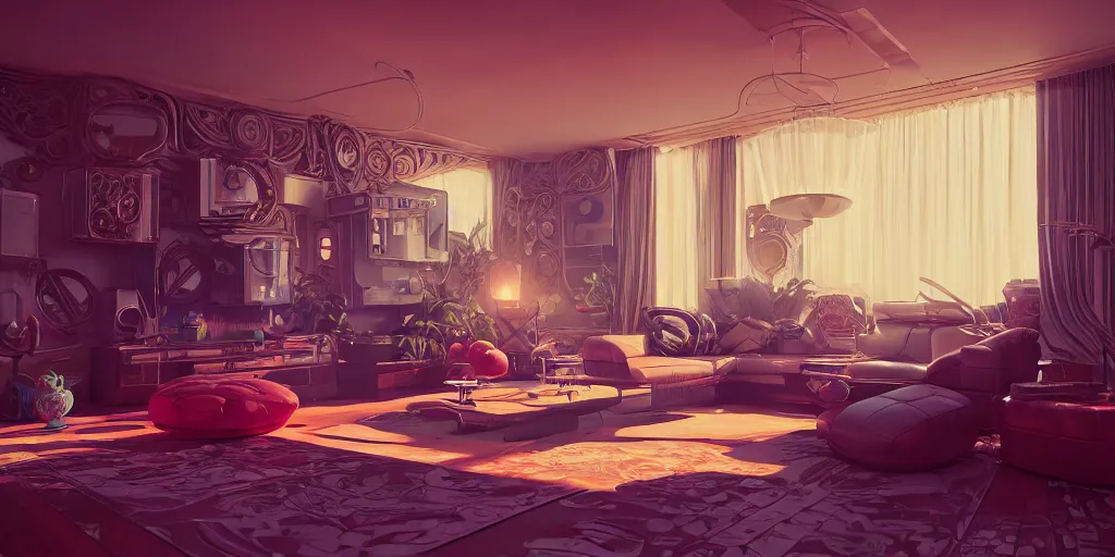 Image similar to 80s futuristic retro living room:: by beeple and James Gilleard and Justin Gerard :: ornate, dynamic, particulate, intricate, elegant, highly detailed, centered, artstation, smooth, sharp focus, octane render, 3d