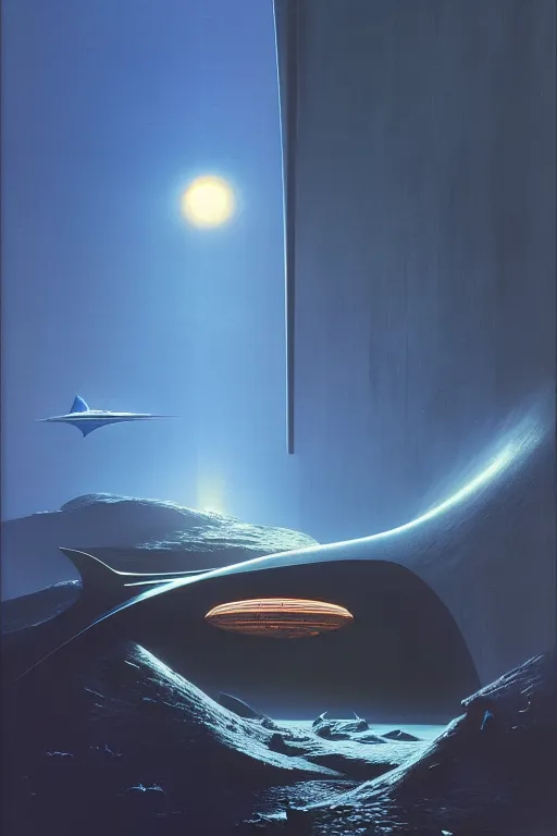 Prompt: emissary space by arthur haas and bruce pennington and john schoenherr, cinematic matte painting, zaha hadid building, photo realism, dark color palate, blue hour, james terrell art,