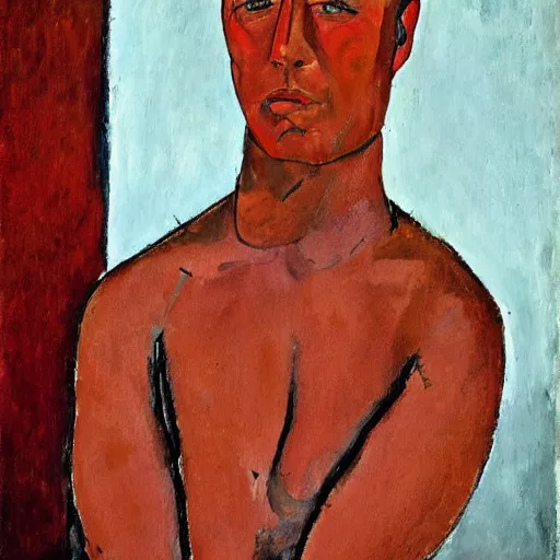 Image similar to Portrait of Bruce Willis, painting by Amedeo Modigliani, Expressionism, Oil on Canvas