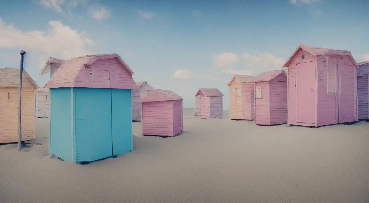 Image similar to pastel colored beach huts on a beach, low angle, close up, vray, single light source, dramatic lighting, cinematic