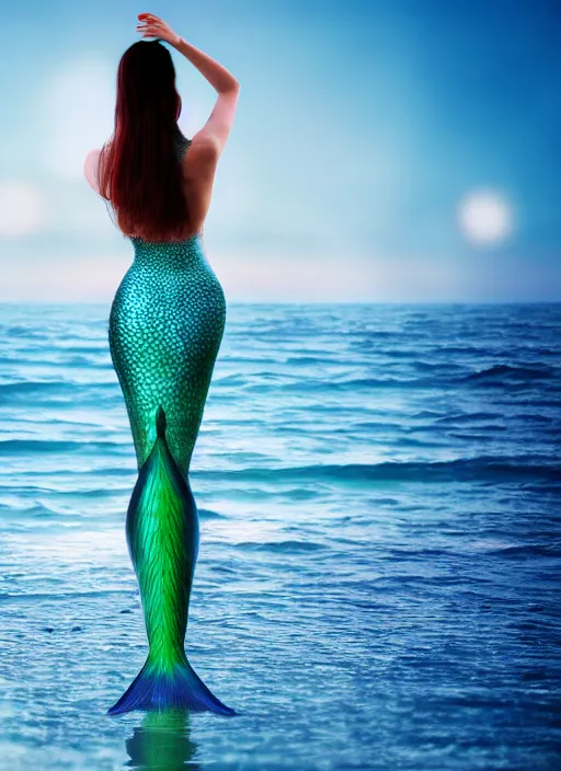 Prompt: hyper realistic fashion photography of a beautiful mermaid with a beautiful blue tail, looking out into an ocean sunset