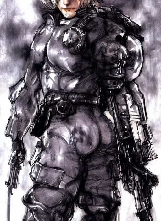 Prompt: solid snake by yoshitaka amano, final fantasy metal gear cover art, concept art, dark hair, sneaking suit