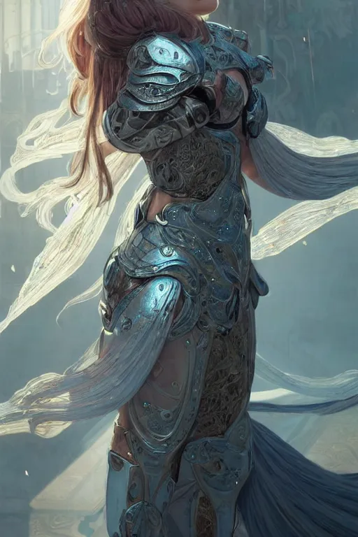 Image similar to portrait knights of zodiac girl, sliver ice color reflected armor, in ruined agora of athens sunrise, ssci - fi and fantasy, intricate and very very beautiful and elegant, highly detailed, digital painting, artstation, concept art, smooth and sharp focus, illustration, art by tian zi and wlop and alphonse mucha