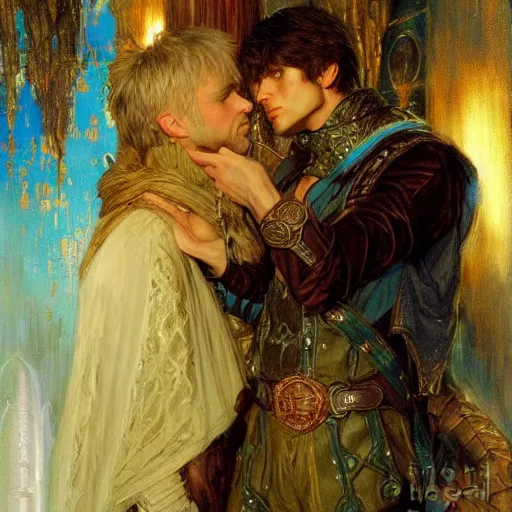 Image similar to stunning arthur pendragon in love with stunning male merlin the mage. they are close to each other. highly detailed painting by gaston bussiere, craig mullins, j. c. leyendecker