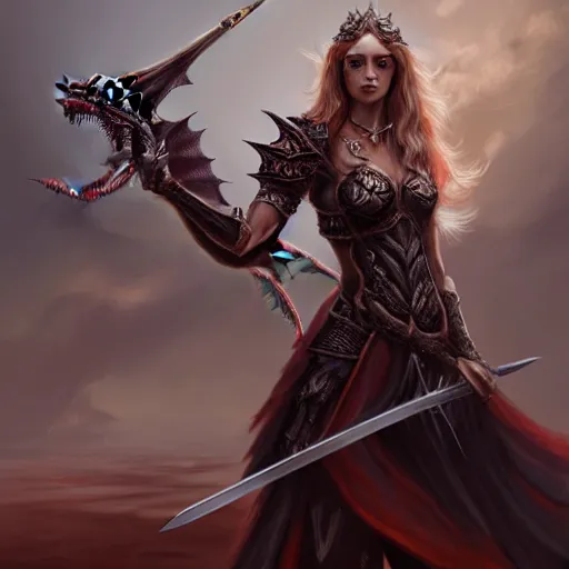 Image similar to a woman holding a sword with a dragon on it, concept art by Ami Thompson, contest winner, fantasy art, official art, concept art, high detail, experimental, high quality, 4k