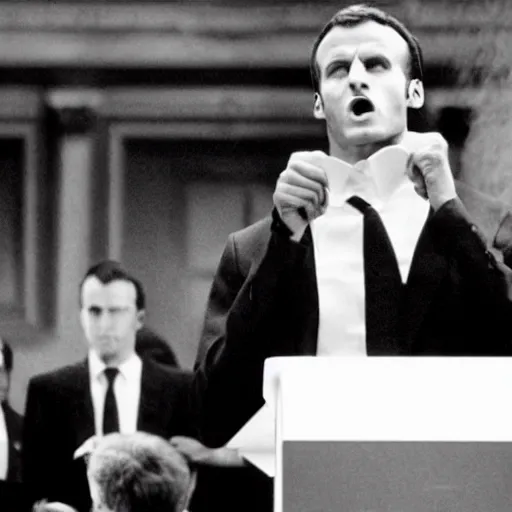 Image similar to Emmanuel Macron shouting in American Psycho (1999)