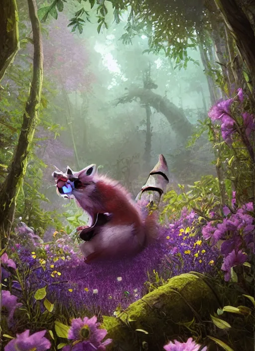 Image similar to Magical fox, sneaking in a forest, fantasy, painting, violet flowers, illustration, high quality, highly detailed, Marc Simonetti, Andreeva Katerina