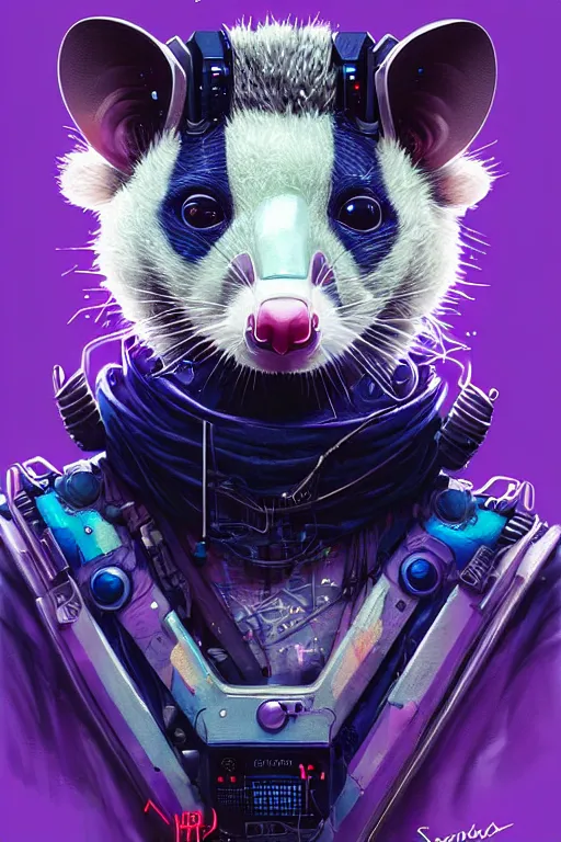 Image similar to a beautiful portrait of a cute cyberpunk opossum by sandra chevrier and greg rutkowski and wlop, purple blue color scheme, high key lighting, volumetric light, digital art, highly detailed, fine detail, intricate, ornate, complex, octane render, unreal engine, photorealistic