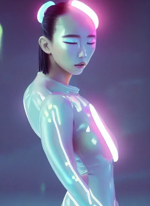 Prompt: a glamorous asian female humanoid with freckled cheeks, cyber neon lighting, futurism, cyberpunk glossy white latex swimsuit, profile posing, hyper photorealistic, crispy quality, digital photography, trending in artstation, trending in pinterest, cinematic, 4 k ultra hd, art by pascal blanche, art by greg rutkowski,
