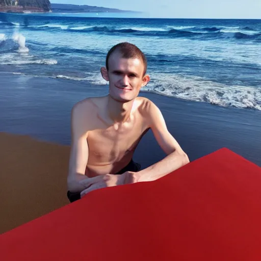 Image similar to vitalik buterin on a red beach taking a selfie