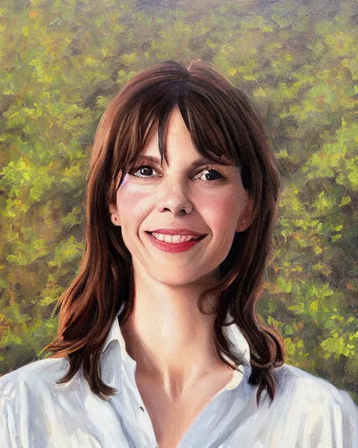 Prompt: a portrait painting of sabrina lloyd / perdita weeks / nicole de boer hybrid oil painting, gentle expression, smiling, elegant clothing, scenic background, behance hd by michael whelan