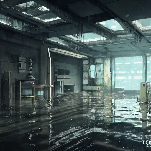 Image similar to flooded, desecrated, abandoned, cyberpunk science lab, ultra realistic, concept art, intricate details, eerie, highly detailed, photorealistic, octane render, 8 k, unreal engine, art by thomas dubois