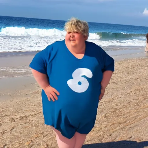 Prompt: an extremely obese middle age woman on the beach wearing an oversized tshirt and shorts