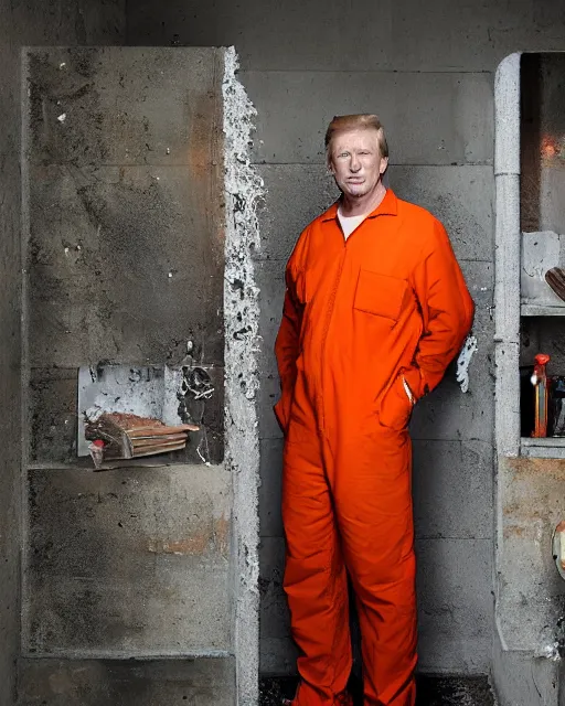 Image similar to a head and shoulders portrait of Donald wearing a orange jumpsuit, sitting on a toilet holding a bible in a filthy rat infested concrete jail In a maximum security prison, dimly lit, volumetric lighting, arney freytag, craig mullins and Annie Leibowitz, octane, 8k,