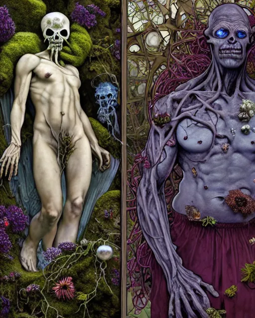 Image similar to the platonic ideal of flowers, rotting, moss, insects, pearls and praying of cletus kasady ultimate carnage thanos dementor doctor manhattan chtulu nazgul davinci, detailed, intricate, hyperrealism, cinematic composition, intense, scary, decay, dmt, art by brock hofer and artgerm and greg rutkowski and alphonse mucha