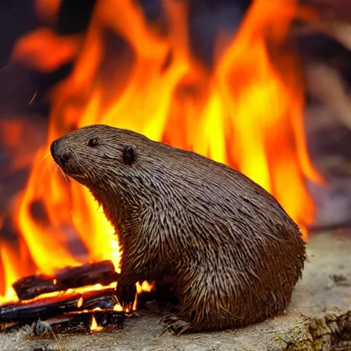 Prompt: beaver being roasted over a fire, photograph