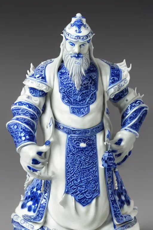 Image similar to an polished texturized sculpture of Kel'Thuzad in white and blue chinese porcelain by kris kuksi