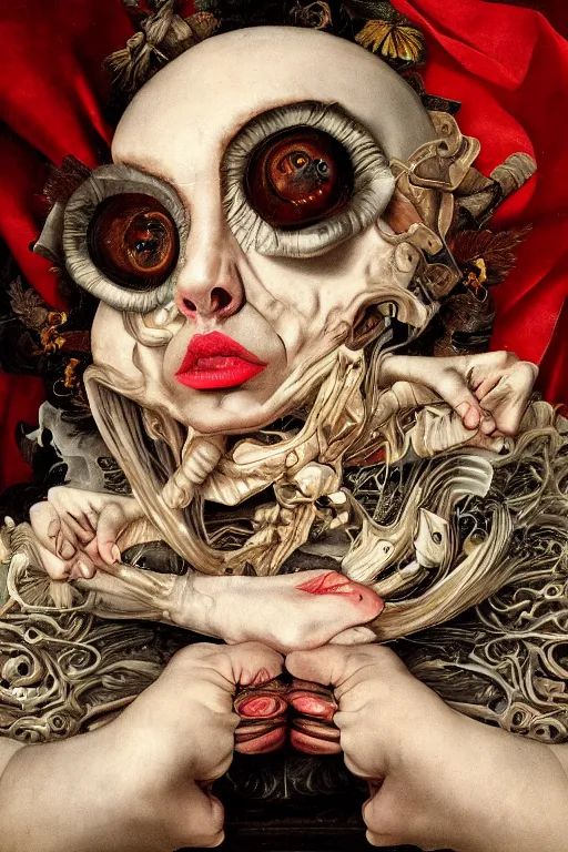 Image similar to Detailed maximalist portrait with large lips and with large wide eyes, angry expression, extra flesh and bones, HD mixed media, 3D collage, highly detailed and intricate surrealism, illustration in the style of Caravaggio, dark art, baroque