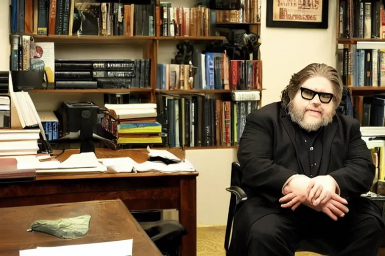 Image similar to monster guillermo del toro sat in an office