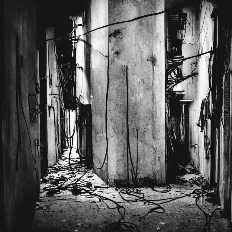 Prompt: dark decaying hallway in cyberpunk slums, wires and rebar hanging from ceiling and walls, crt tvs mounted on walls, neon florescent lighting, hooded person obscured by shadows walking, ambient lighting, vibrant colors, high detail, in the style of street photography, film grain, superia 400 film stock,