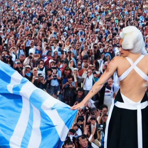 Image similar to Lady Gaga as Evita, Argentina presidential rally, Argentine flags behind, bokeh, epic photo, detailed face, Argentina