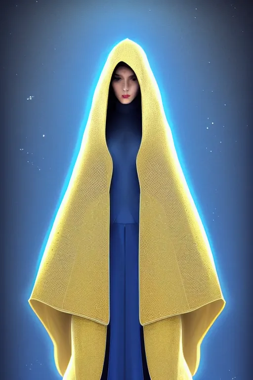 Image similar to detailed beautiful hooded noun in opened blue gold coat, seductive confident pose, attractive feminine curves, intricate details, futuristic, elegant cape, elegant, photorealism, trending on artstation, holy halo, advanced technology, art by moebius and vitaly bulgarov and chanthara