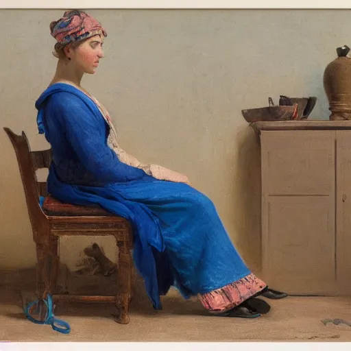 Image similar to A beautiful installation art of a lady with a blue scarf on her head, sitting in a chair with her eyes closed. cloudpunk by Paulus Potter robust, riotous