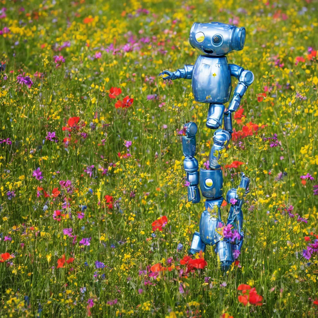 Prompt: a tin can robot in a colourful flower meadow in the alps, sunny weather, Carl Zeiss 85mm lens, bokeh