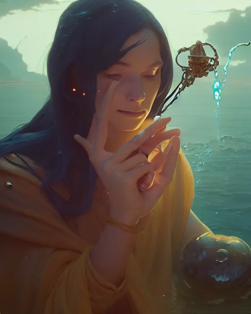 Image similar to highly detailed vfx portrait of a mage casting a water spell, unreal engine, greg rutkowski, loish, rhads, beeple, makoto shinkai and lois van baarle, ilya kuvshinov, rossdraws, tom bagshaw, alphonse mucha, global illumination, detailed and intricate environment