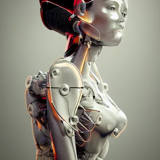 Image similar to photographic stil of beautiful model, a human robot woman, beautiful artificial body with artificial bones and artificial flesh, cables, tubes, robots making robots using robots, westworld style, medium - shot, insanely detailed, photorealistic, beautiful soft light, octane render, by annie leibowtiz