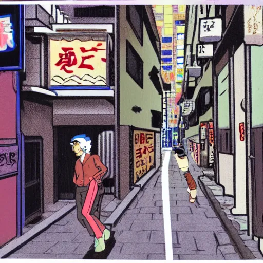 Prompt: salary man in small alley in golden gai in the 8 0 s, vaporwave nostalgia, 8 0 s anime, studio ghibli, sketched by osamu tezuka