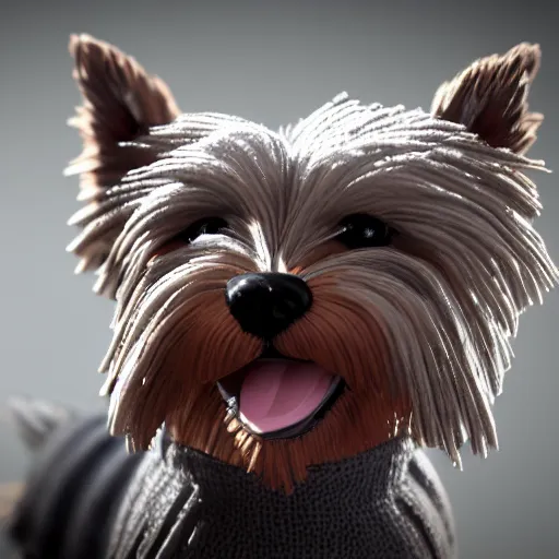 Image similar to a closeup photorealistic illustration of a smiling knitted yorkshire terrier. this 4 k hd image is trending on artstation, featured on behance, features intricate detail