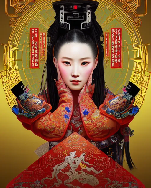 Image similar to portrait of a chinese cyberpunk machine, machine face, arms, upper half portrait, decorated with chinese opera motifs, regal, asian, fine china, wuxia, traditional chinese art intricate intense elegant 京 剧 highly detailed digital painting artstation concept art smooth sharp focus illustration, art by artgerm and greg rutkowski alphonse mucha 8 k