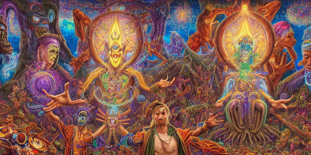 Image similar to hyper detailed portrait of a dmt spirit guide greeting a lost psychonaught, friendly dmt time elves, cathedral background, masterpiece composition, 8 k resolution, ultra fine illustration, tokio aoyama, alex grey, todd schorr, highly detailed,