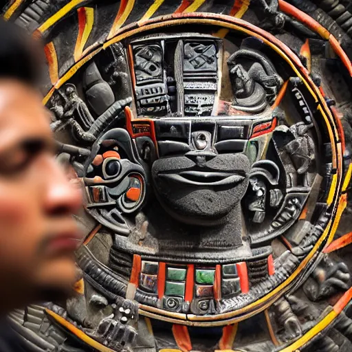 Prompt: a realistic photography of the Aztec god Tezcatlipoca looking at a mirror made of obsidian