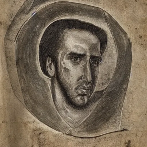 Image similar to an ancient manuscript drawing of nicolas cage